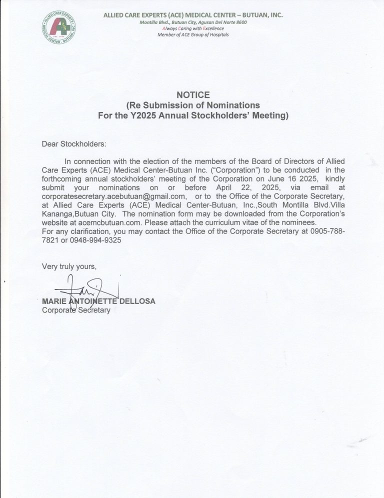 Notice of Submission of Nominations For the Y2025 Annual Stockholders’ Meeting