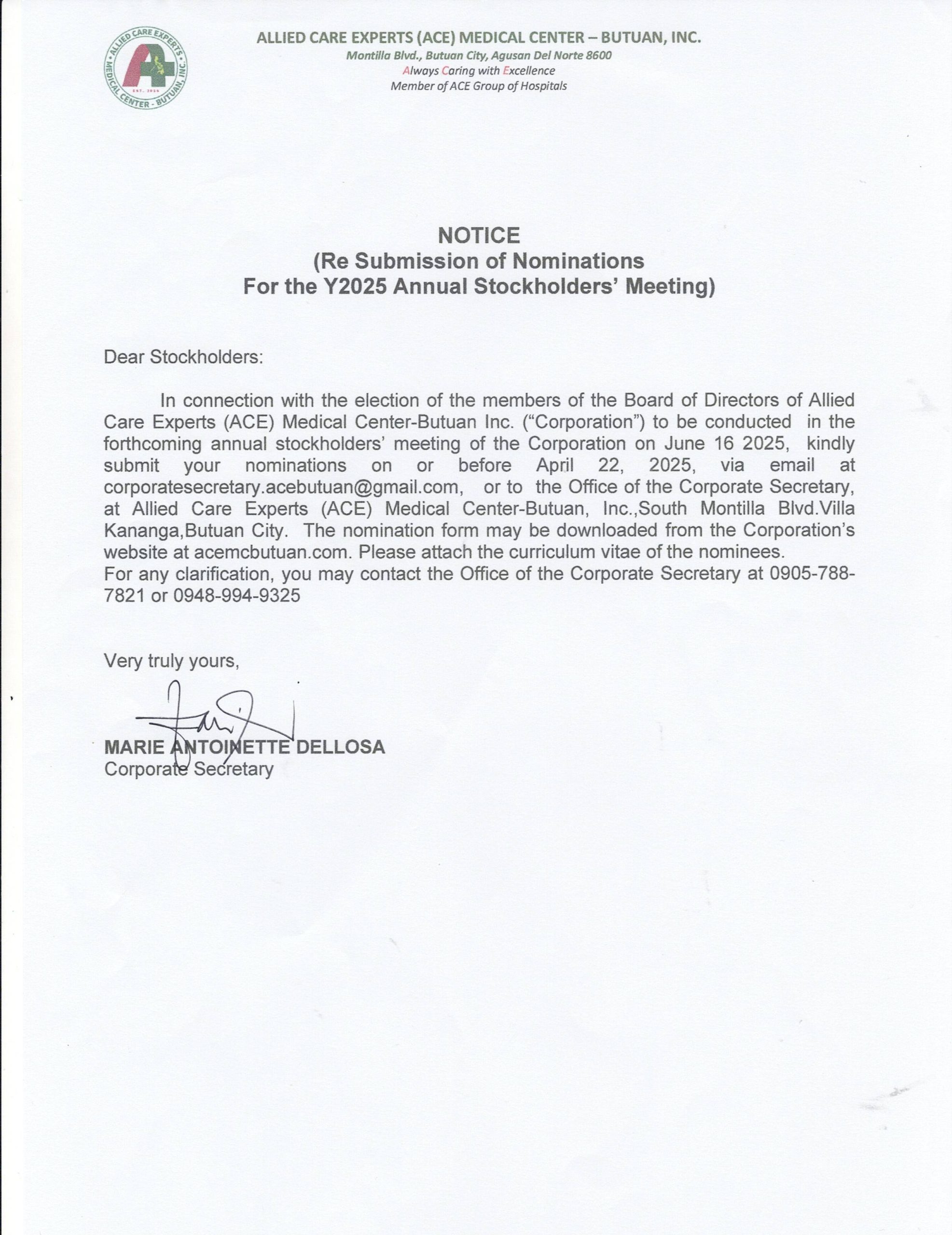 Notice of Submission of Nominations For the Y2025 Annual Stockholders’ Meeting