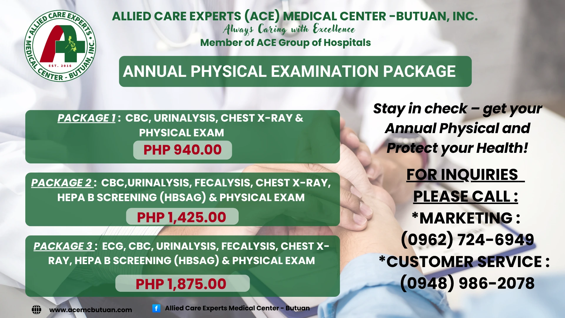 ACE Medical Center – Butuan now offers Annual Physical Examination (APE) Packages